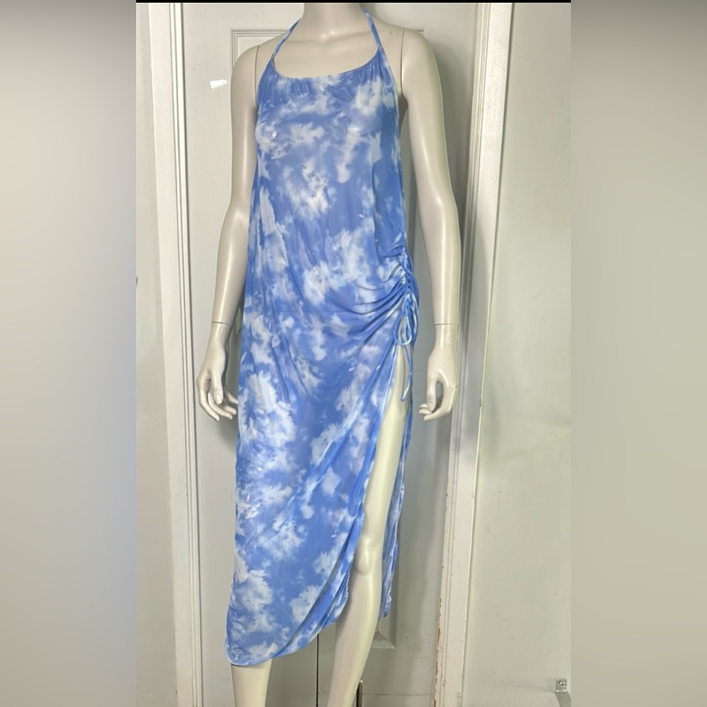Blue and White Tie-Dye Cover-All Dress with side ruching. Cute cute cute! 🥰